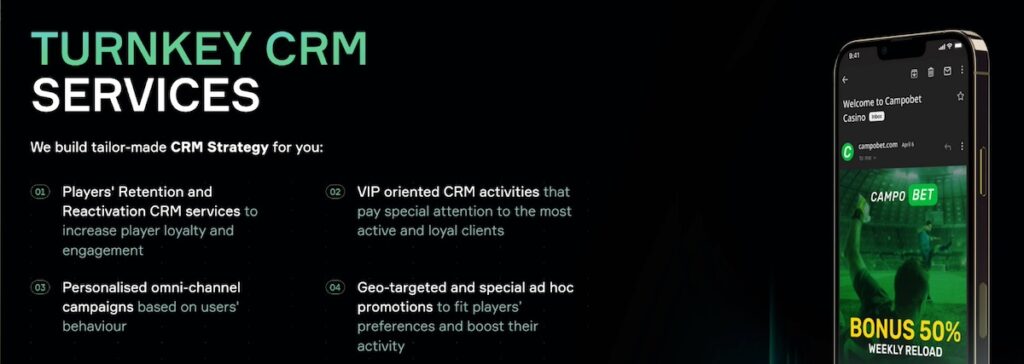 Turnkey CRM services by Soft2Bet showcasing personalized retention, VIP targeting, omni-channel campaigns, and geo-targeted promotions.